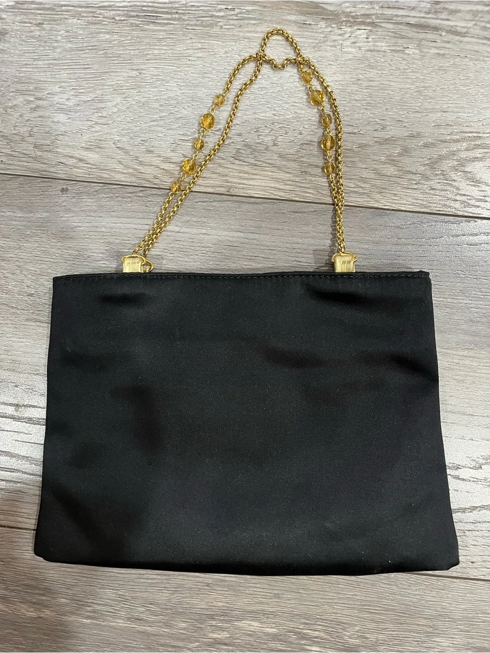 Black Satin Clutch with Beaded Gold Chain Strap by Coccinelle